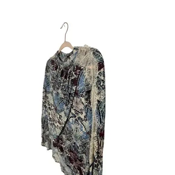 Free People Nouveau Printed Top Women's Casual Lace High Low Linen Western Boho - Picture 3 of 8